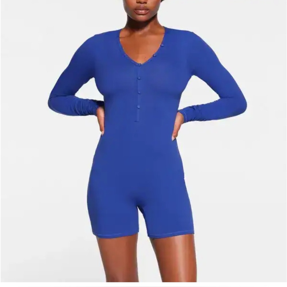 61. Skims cobalt cotton jersey henley onesie XS new 💙 rare